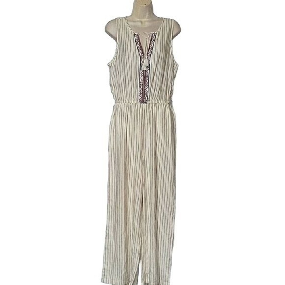 OLD NAVY Sleeveless Ivory Stripe Embroidered Linen Blend Jumpsuit M Breathable